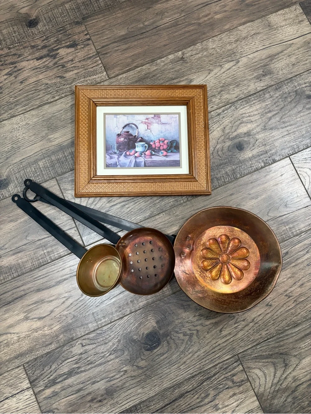 Vintage Copper Decorative Kitchen Ladle and Skimmer Set and Strawberry picture